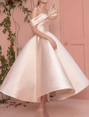 A-Line Prom Dresses Elegant Dress Valentine's Day Wedding Guest Ankle Length Short Sleeve Off Shoulder Satin with Sleek