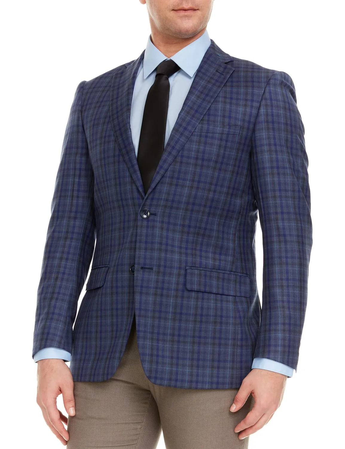 Adam Baker Men's Single Breasted 100% Wool Ultra Slim Fit Blazer/Sport Coat - Blue Multi Plaid