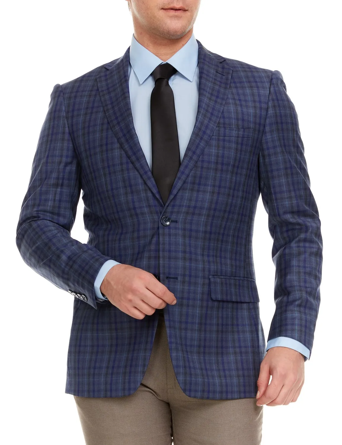 Adam Baker Men's Single Breasted 100% Wool Ultra Slim Fit Blazer/Sport Coat - Blue Multi Plaid