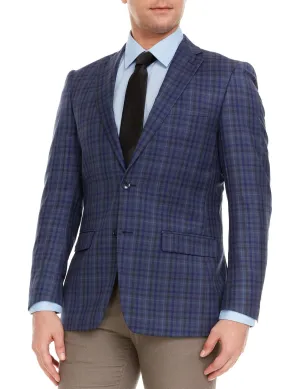 Adam Baker Men's Single Breasted 100% Wool Ultra Slim Fit Blazer/Sport Coat - Blue Multi Plaid