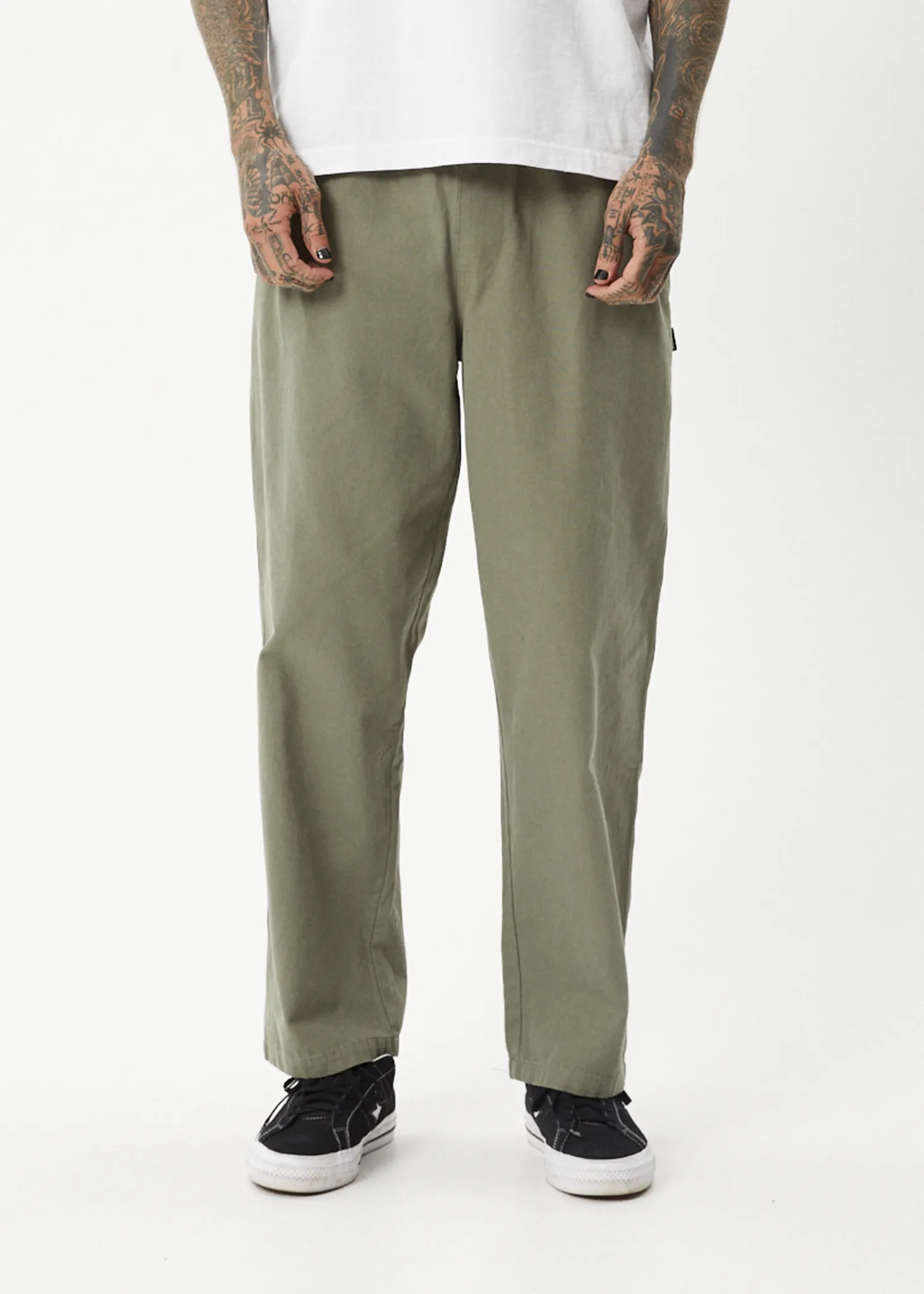 AFENDS Mens Ninety Eights - Baggy Elastic Waist Pants - Olive