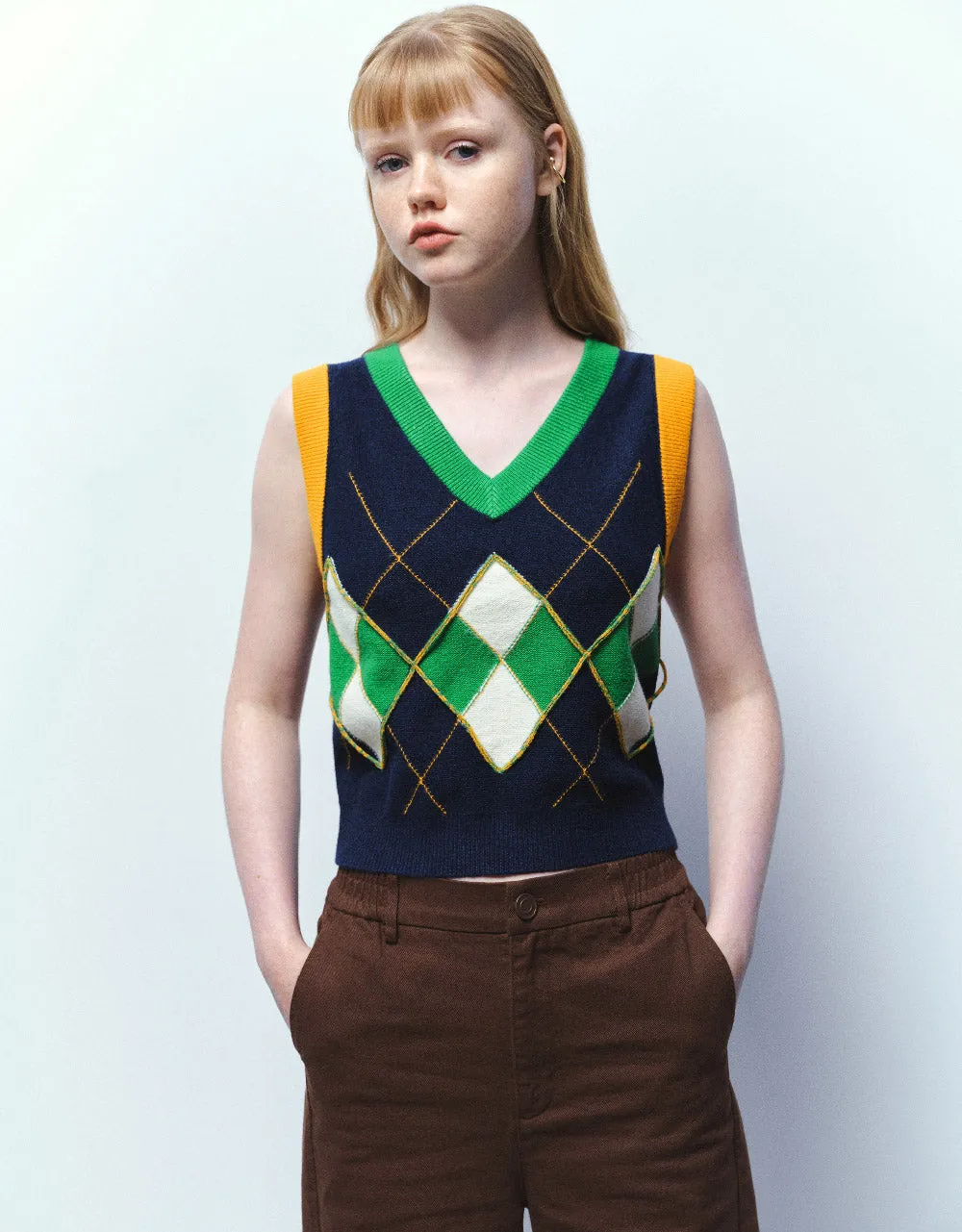 Argyle Printed V-Neck Knitted Vest