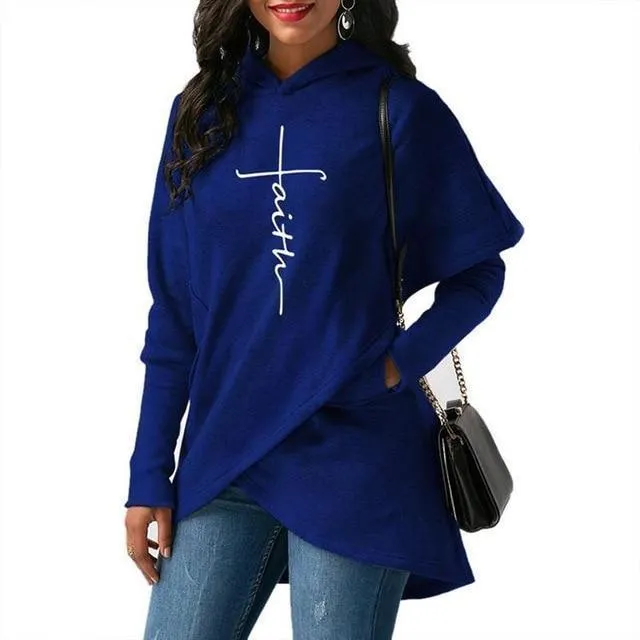 Autumn Hoodies Sweatshirts Women Long Sleeve Faith Embroidery Warm