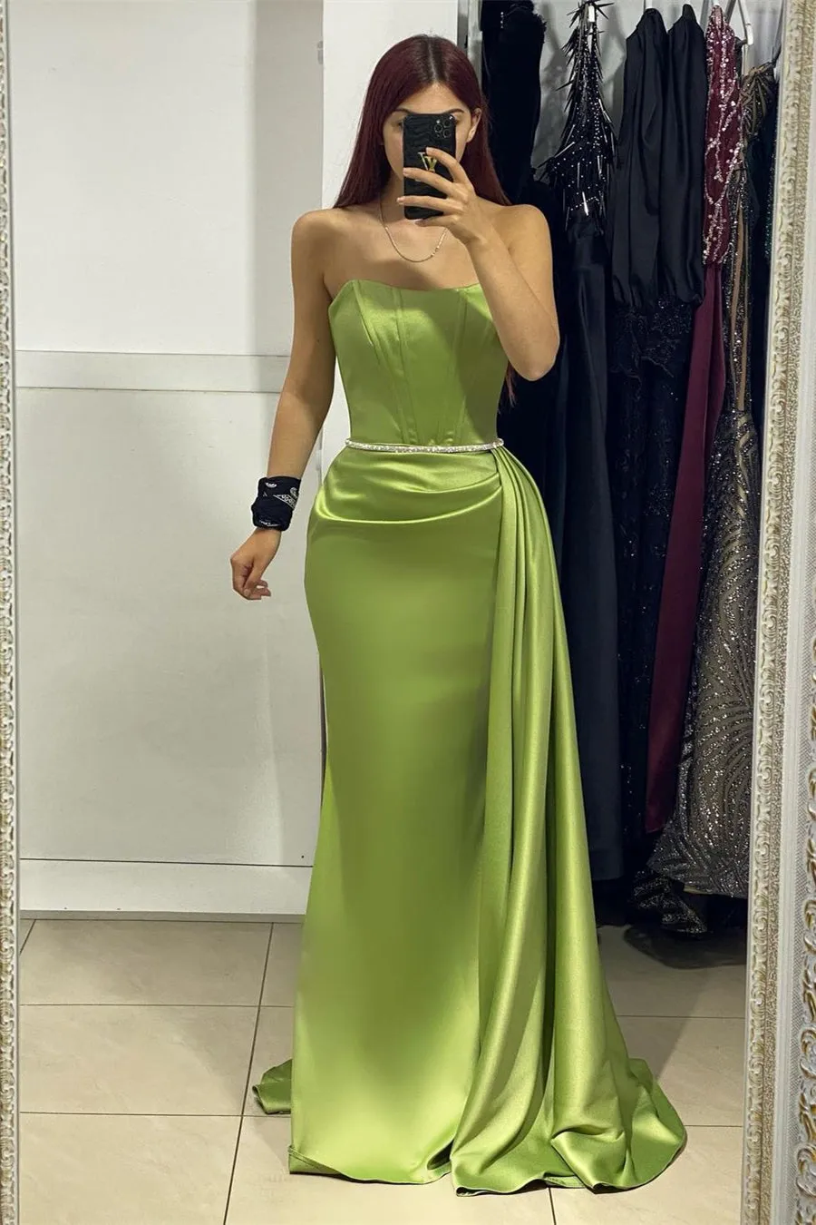 Beautiful Long Strapless Sleeveless Satin Mermaid Prom Dress