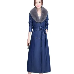 BELLA Design Women's Fine Fashion Long Luxury Designer Leather Navy Blue Plush Fur Coat Jacket