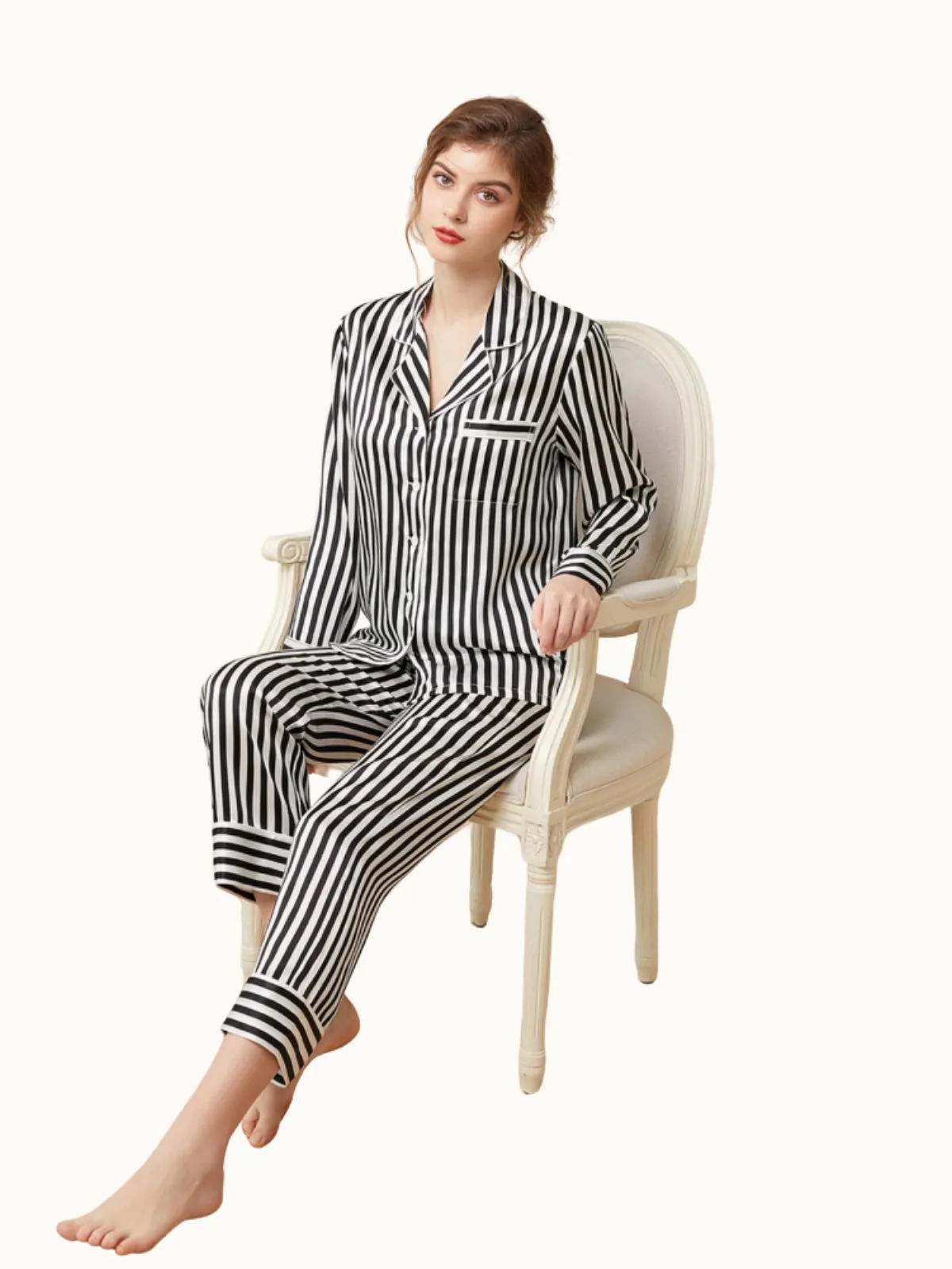 Black Striped Silk Pajamas Set for Women