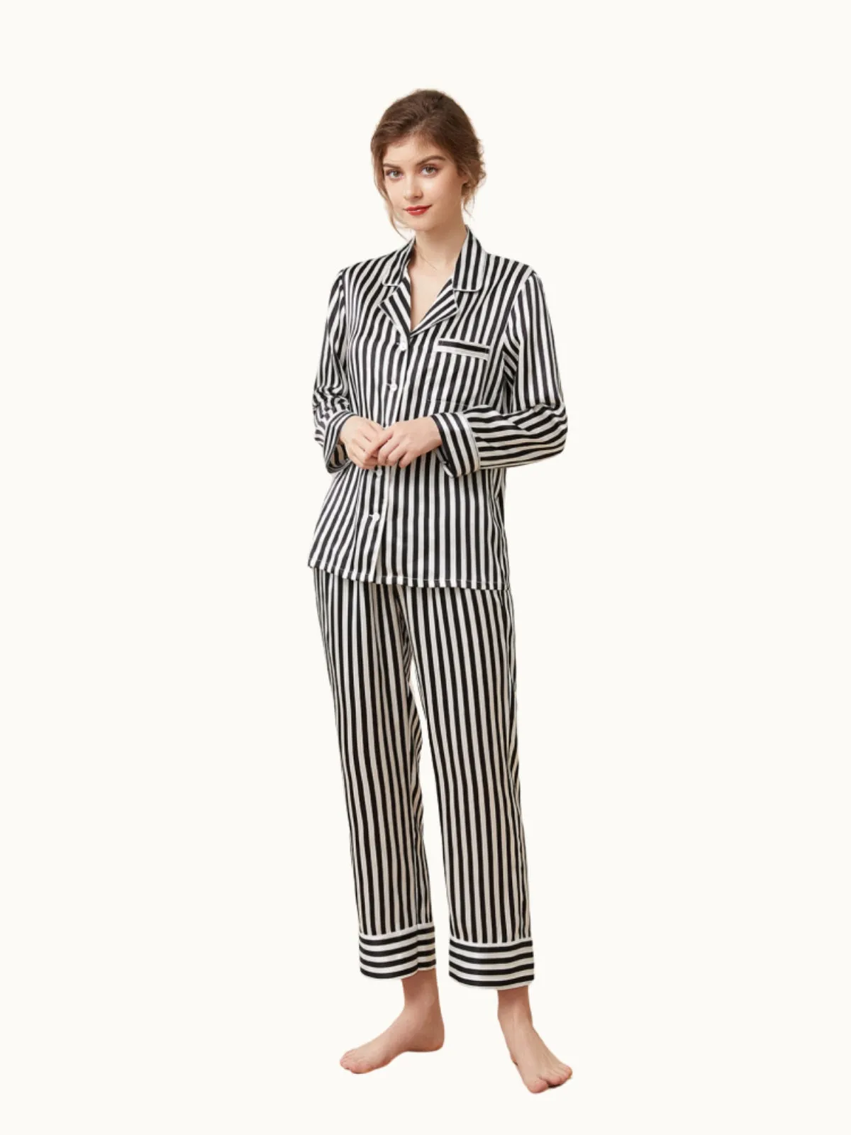 Black Striped Silk Pajamas Set for Women