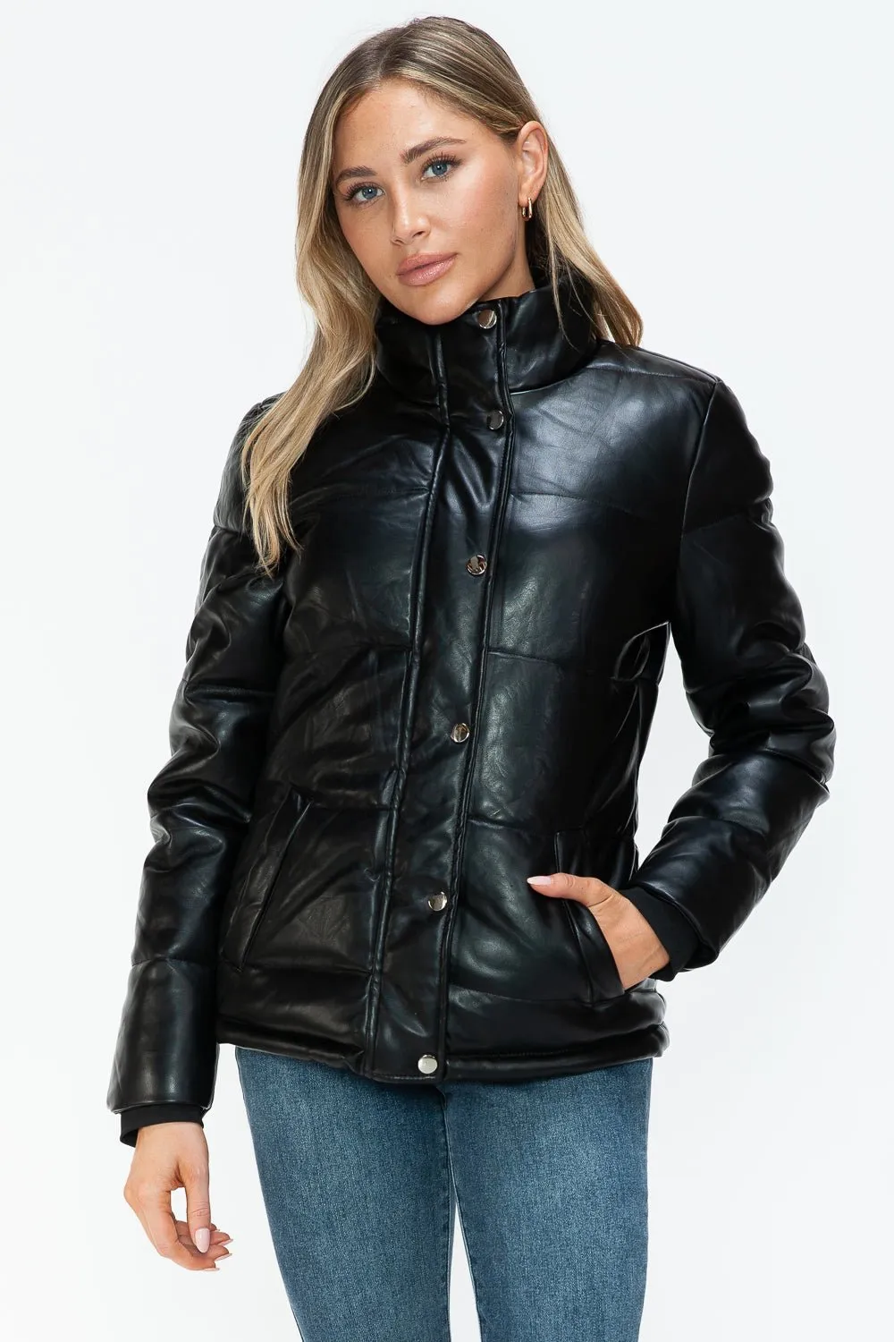 Black Vegan Leather High Collar Puffer Jacket