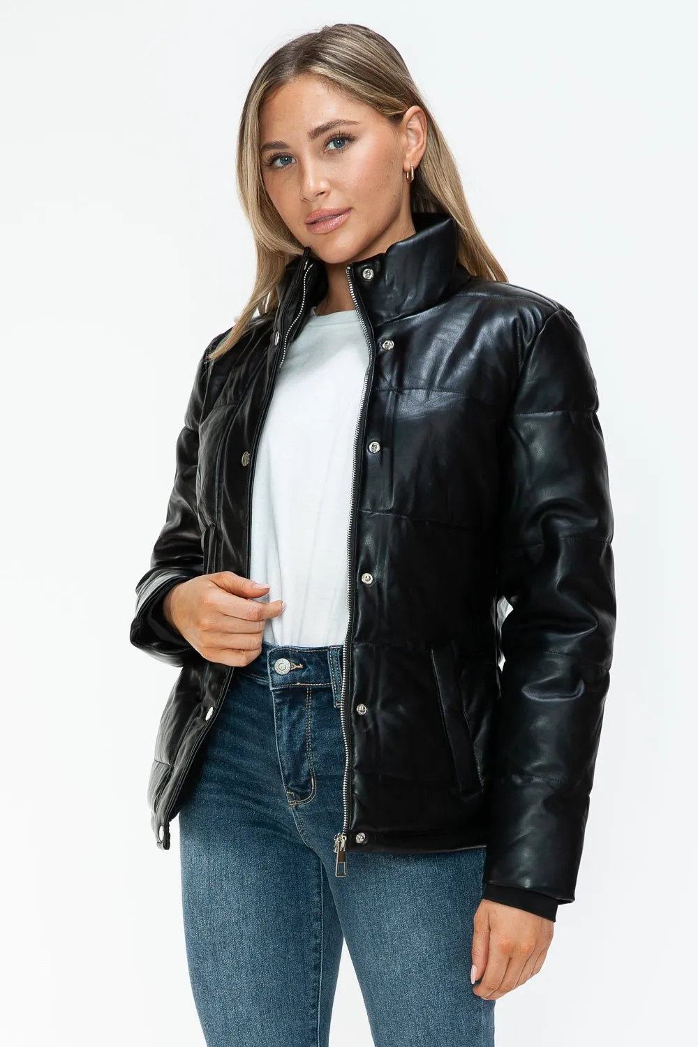 Black Vegan Leather High Collar Puffer Jacket