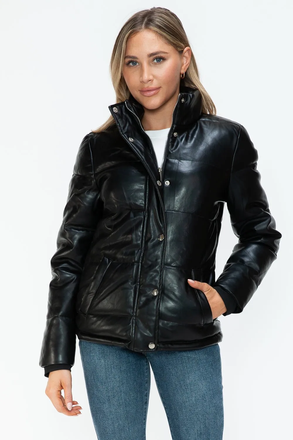 Black Vegan Leather High Collar Puffer Jacket