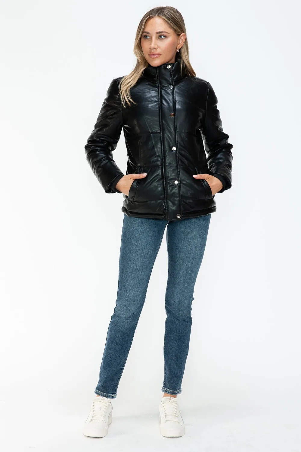 Black Vegan Leather High Collar Puffer Jacket