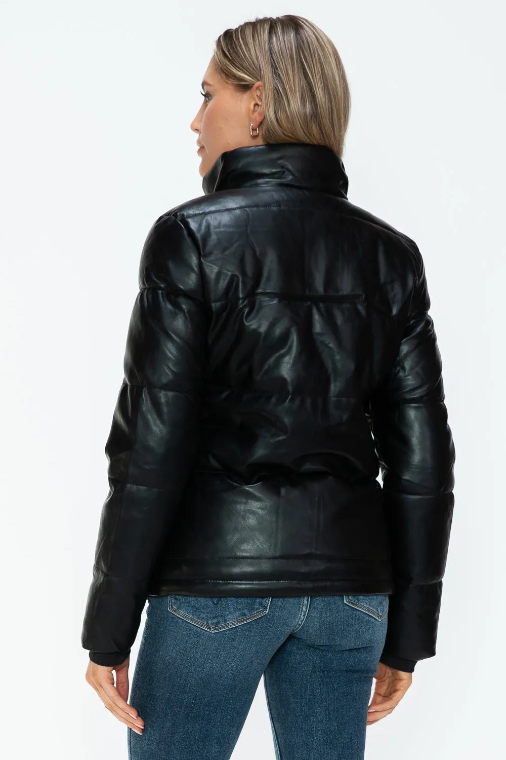 Black Vegan Leather High Collar Puffer Jacket