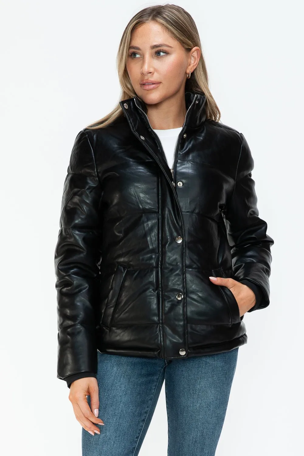 Black Vegan Leather High Collar Puffer Jacket