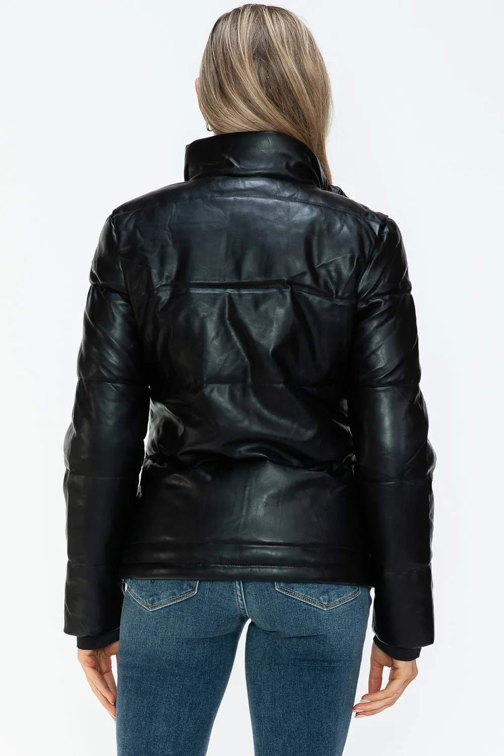 Black Vegan Leather High Collar Puffer Jacket