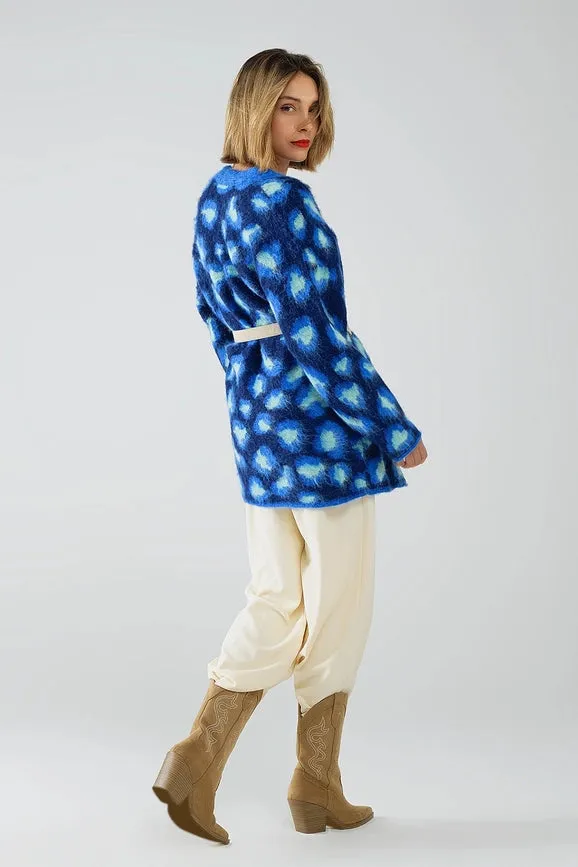 Blue Leopard Print Cardigan with Wool