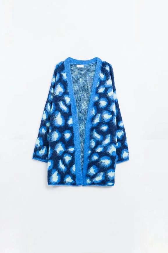 Blue Leopard Print Cardigan with Wool