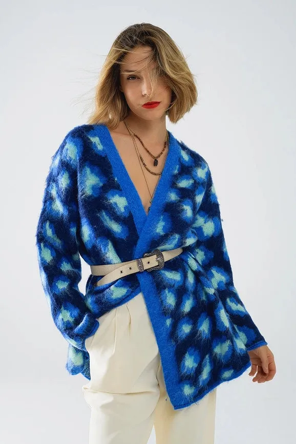 Blue Leopard Print Cardigan with Wool