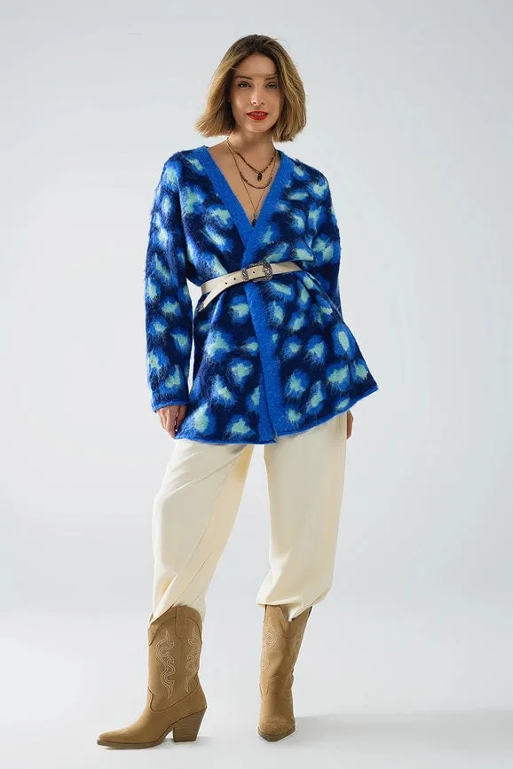 Blue Leopard Print Cardigan with Wool