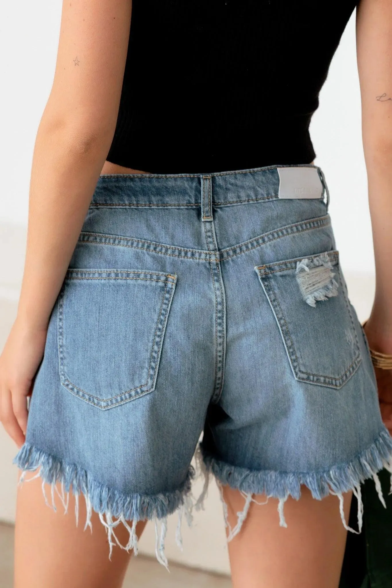 Blue Mid Waist Side Slit Destroyed Denim Shorts