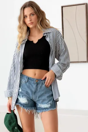 Blue Mid Waist Side Slit Destroyed Denim Shorts