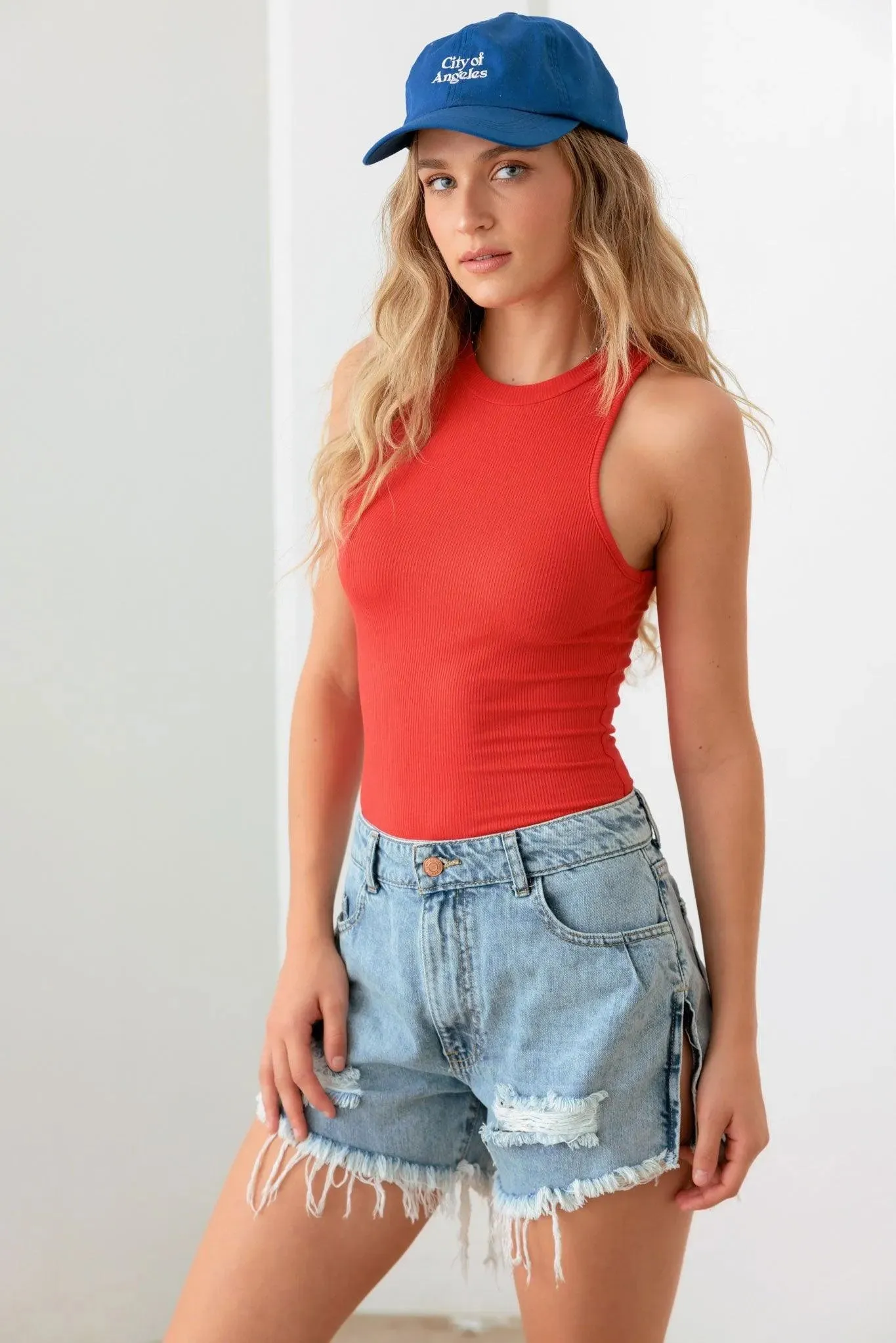 Blue Mid Waist Side Slit Destroyed Denim Shorts