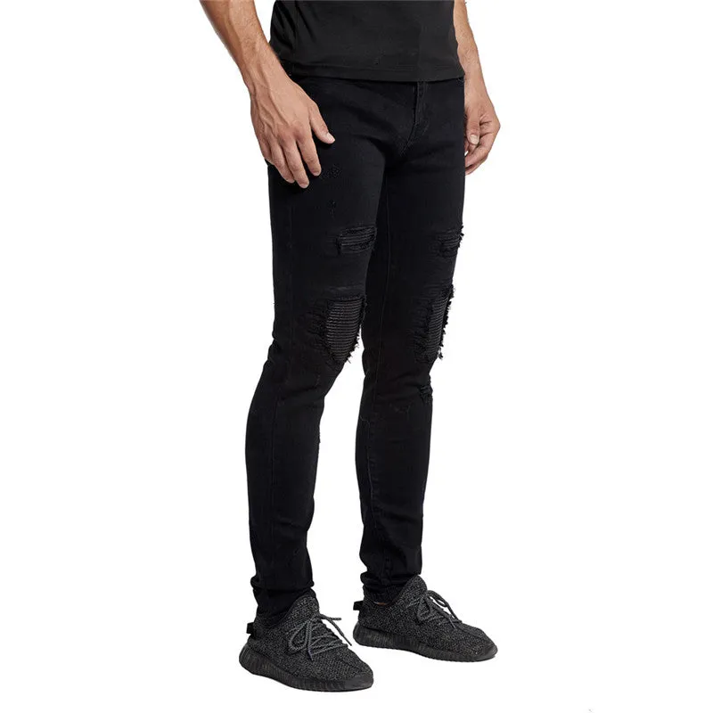 Breathable Slim Fit Men's Patch Ripped Jeans Denim Straight Pants