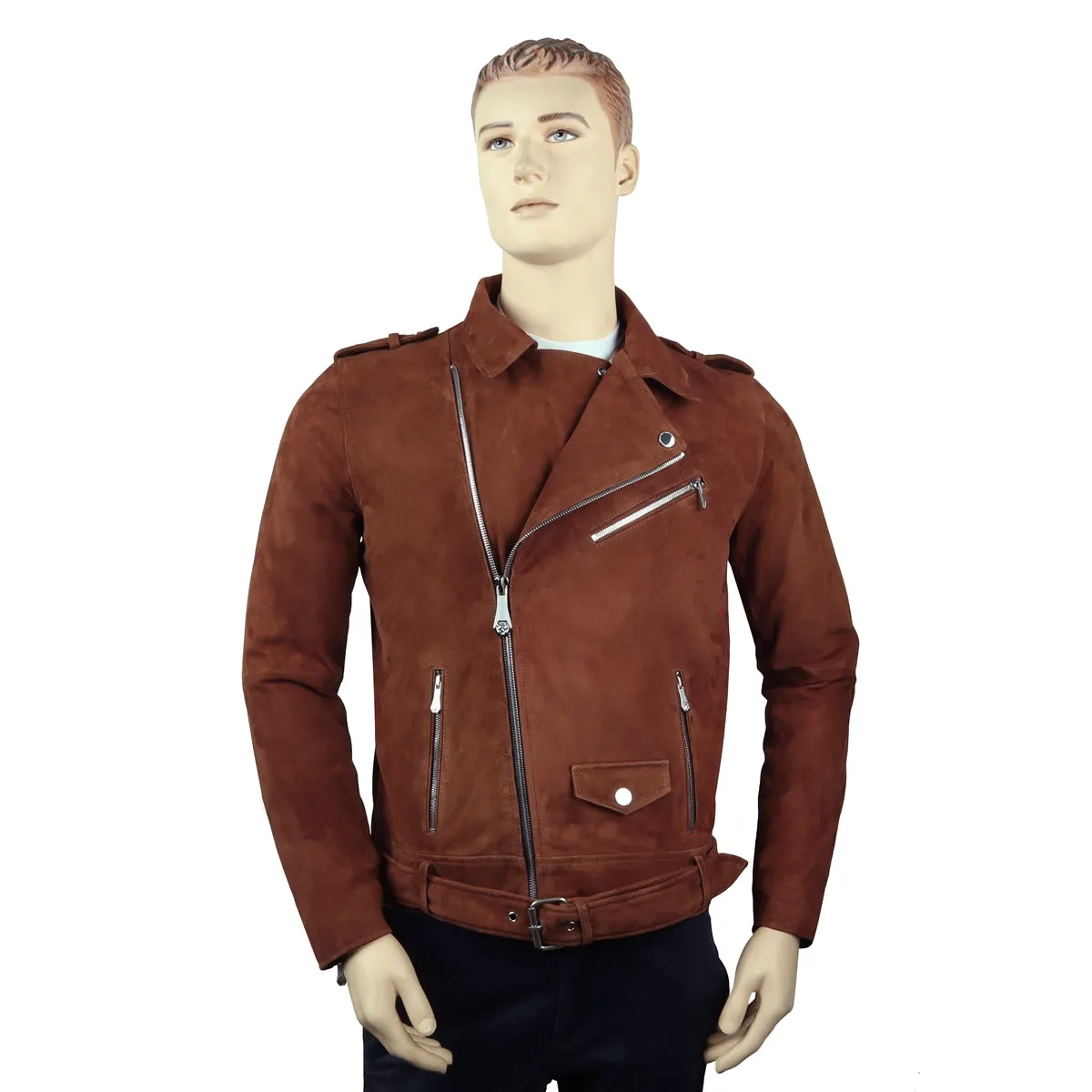 Brown Suede Leather Biker Jacket with Adjustable Waist Belt by Brune & Bareskin