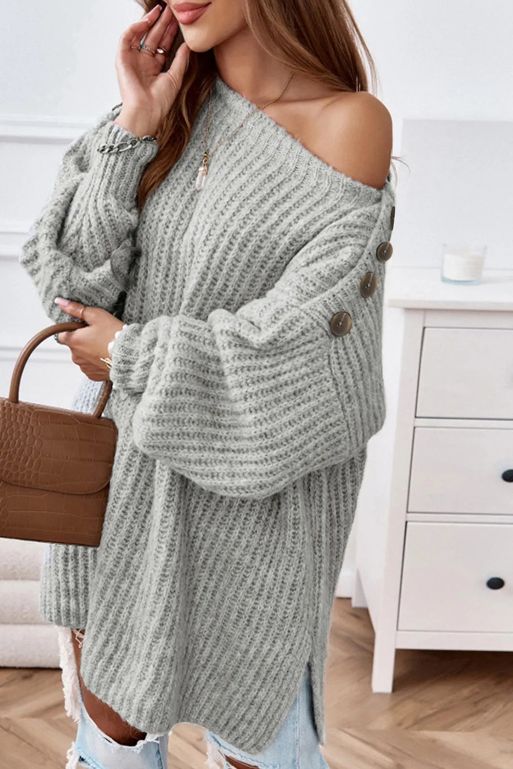 Buttoned Drop Shoulder Oversized Sweater