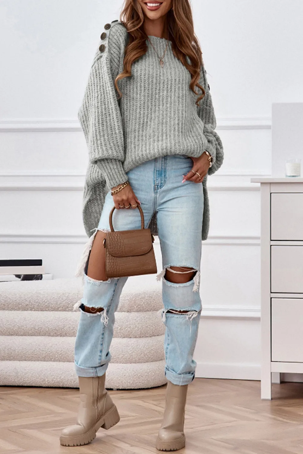 Buttoned Drop Shoulder Oversized Sweater