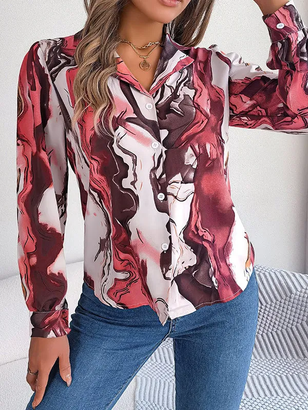 Buttoned Printed Long Sleeves Loose Notched Collar Blouses&Shirts Tops