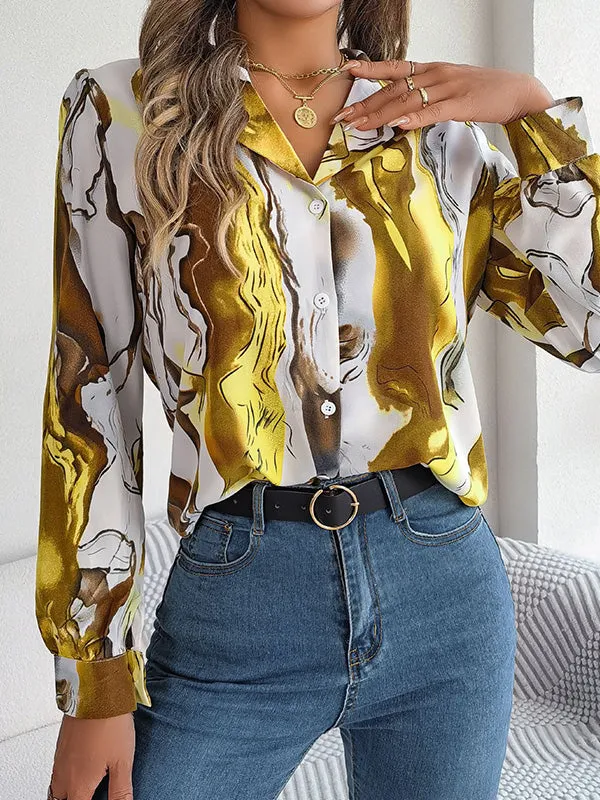 Buttoned Printed Long Sleeves Loose Notched Collar Blouses&Shirts Tops