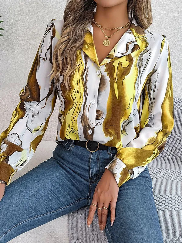 Buttoned Printed Long Sleeves Loose Notched Collar Blouses&Shirts Tops