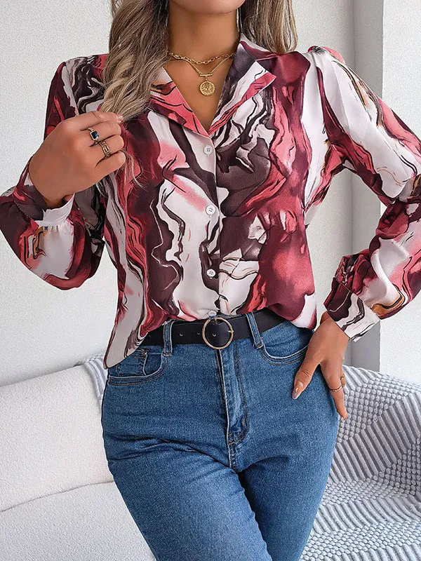 Buttoned Printed Long Sleeves Loose Notched Collar Blouses&Shirts Tops