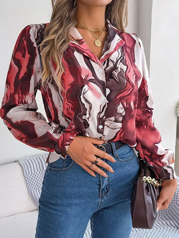 Buttoned Printed Long Sleeves Loose Notched Collar Blouses&Shirts Tops