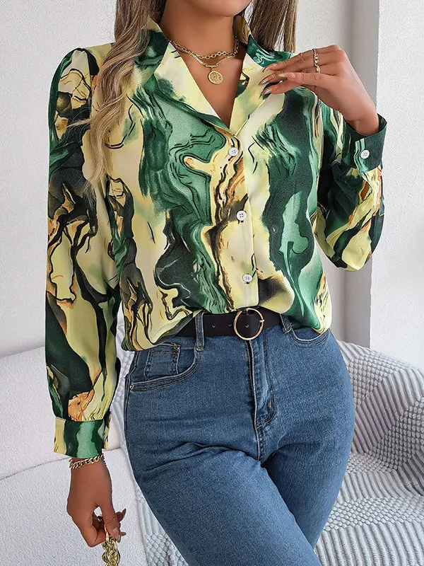 Buttoned Printed Long Sleeves Loose Notched Collar Blouses&Shirts Tops