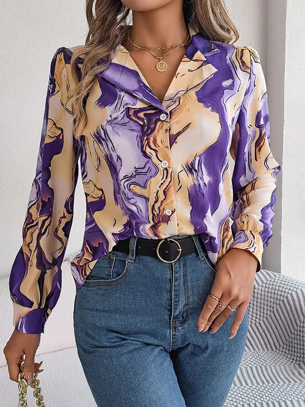 Buttoned Printed Long Sleeves Loose Notched Collar Blouses&Shirts Tops