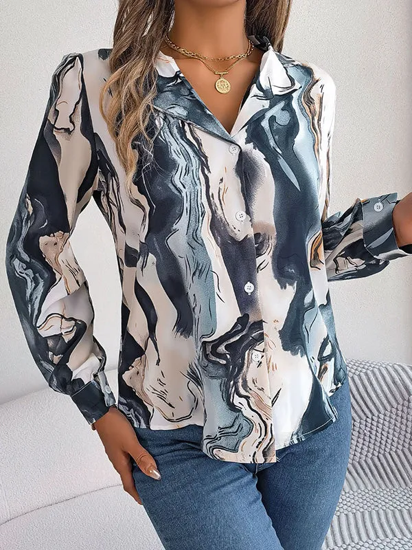 Buttoned Printed Long Sleeves Loose Notched Collar Blouses&Shirts Tops