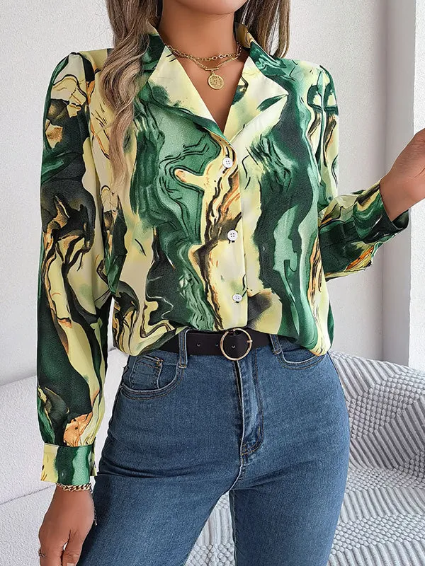 Buttoned Printed Long Sleeves Loose Notched Collar Blouses&Shirts Tops