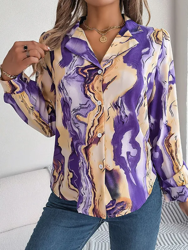 Buttoned Printed Long Sleeves Loose Notched Collar Blouses&Shirts Tops