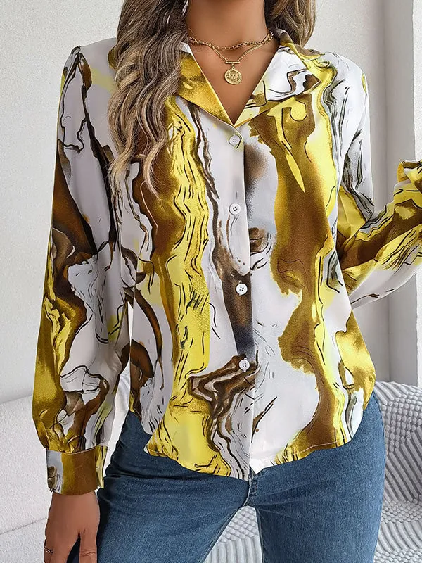 Buttoned Printed Long Sleeves Loose Notched Collar Blouses&Shirts Tops