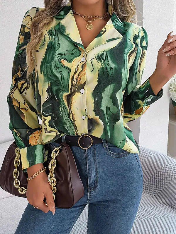 Buttoned Printed Long Sleeves Loose Notched Collar Blouses&Shirts Tops