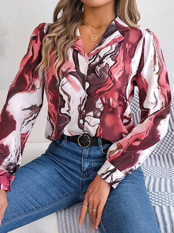 Buttoned Printed Long Sleeves Loose Notched Collar Blouses&Shirts Tops