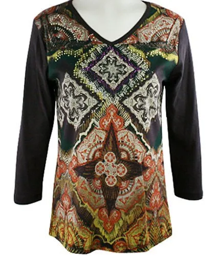 Cactus Fashion - Diamond Pattern 3/4 Sleeve, Printed Cotton Rhinestone Top