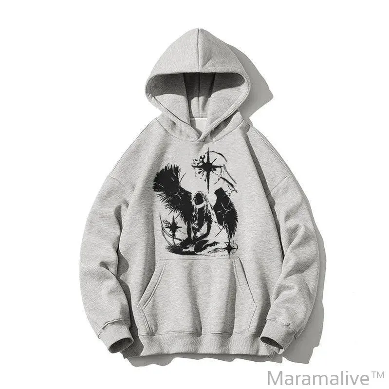 Casual Oversize Graphic Print Y2K Hooded Sweatshirt Hip Hop Streetwear Long sleeved Pullover Loose Rock Goth Hoodie Top