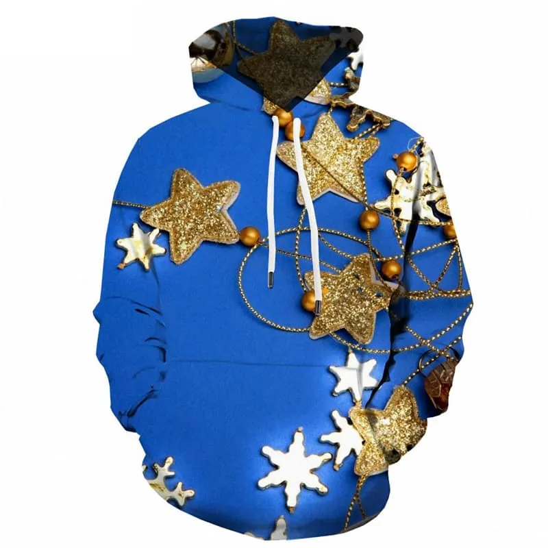 Christmas Sweatshirts men Star 3d Printed Blue Hoodie Print New Year Hooded Casual