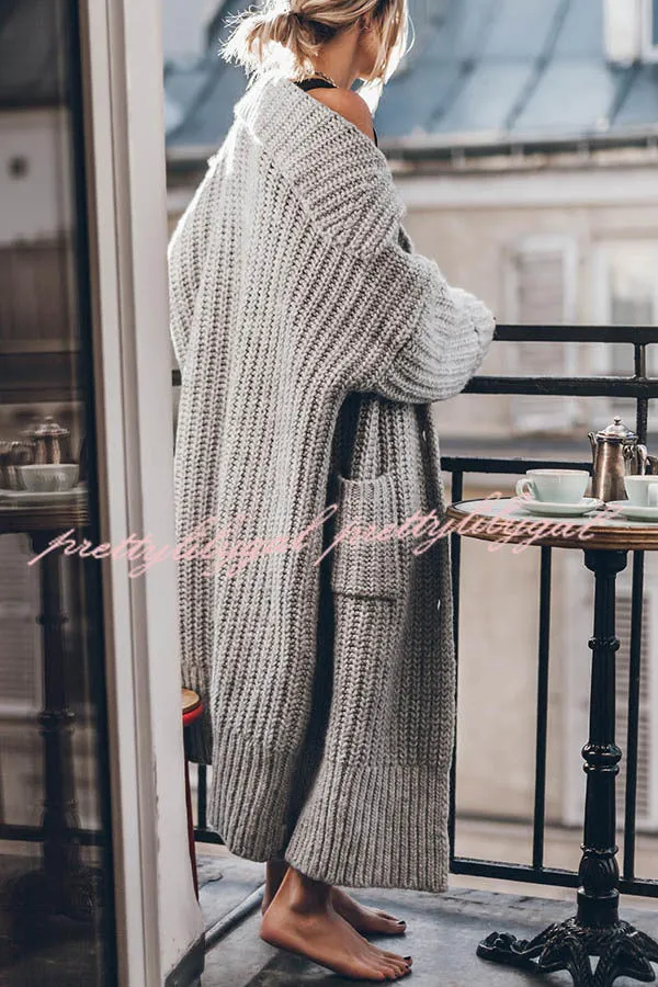 Chunky and Warm Knit Button Pocketed Oversized Midi Cardigan