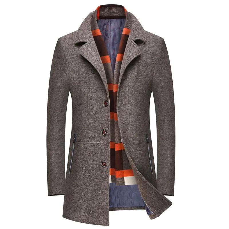 Classic Business Wool Pea Coat With Scarf