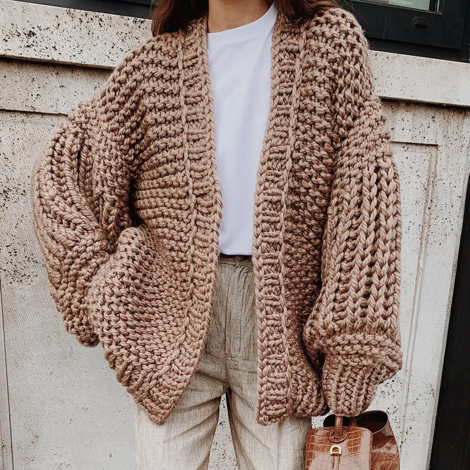 Classic Oversized Puff Sleeve Hand Knit Chunky Yarn Cardigan