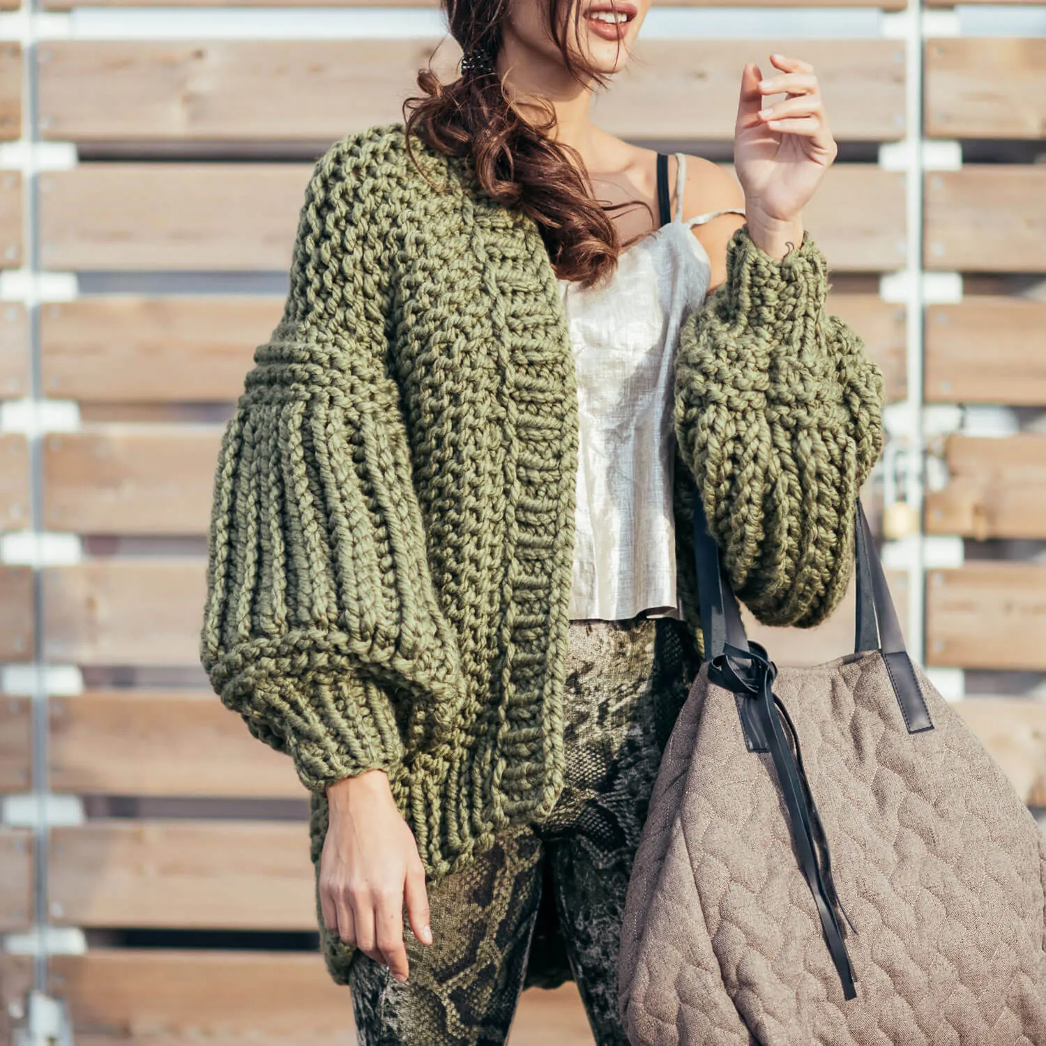 Classic Oversized Puff Sleeve Hand Knit Chunky Yarn Cardigan