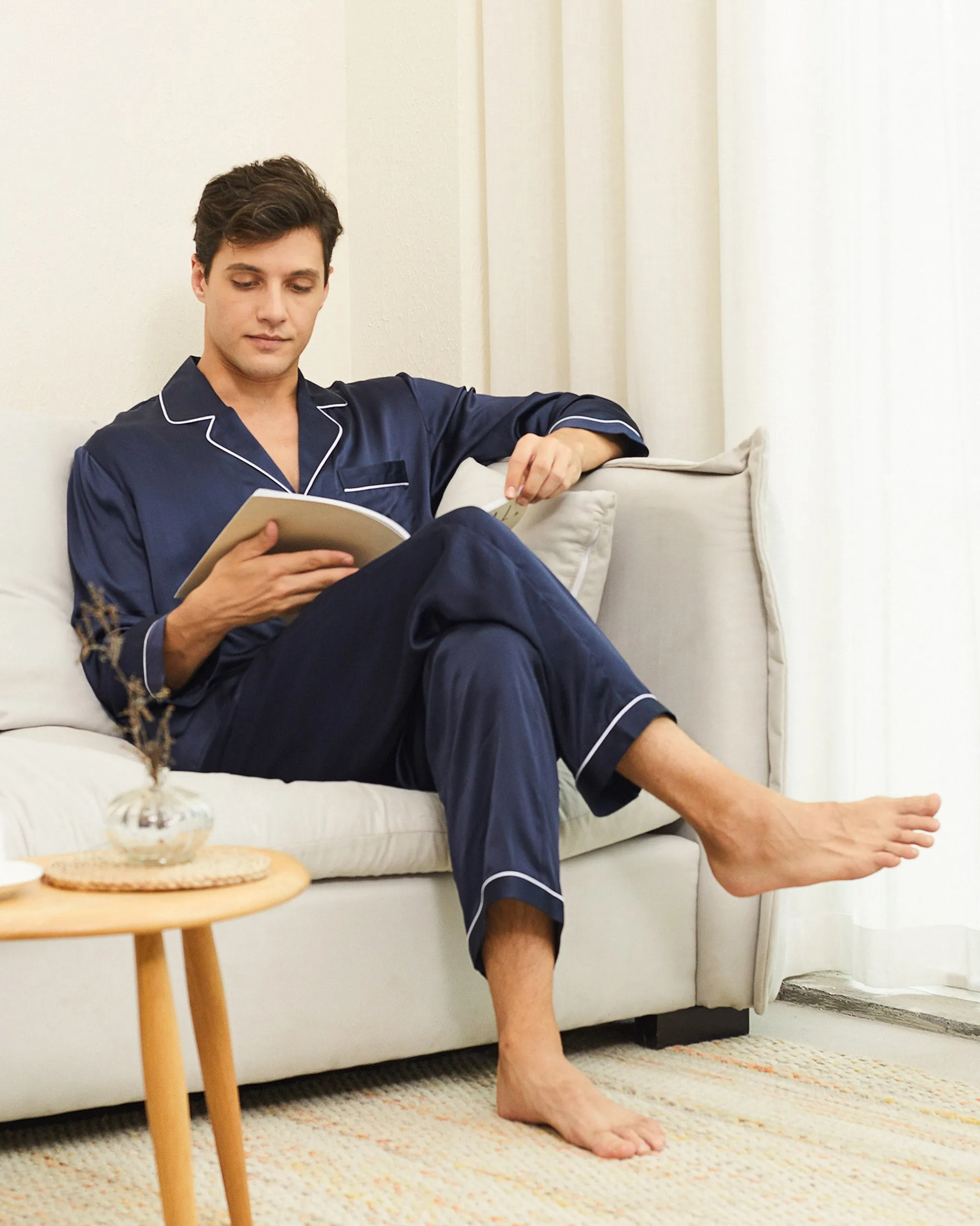 Clearance Piped Silk Pajamas - For Men